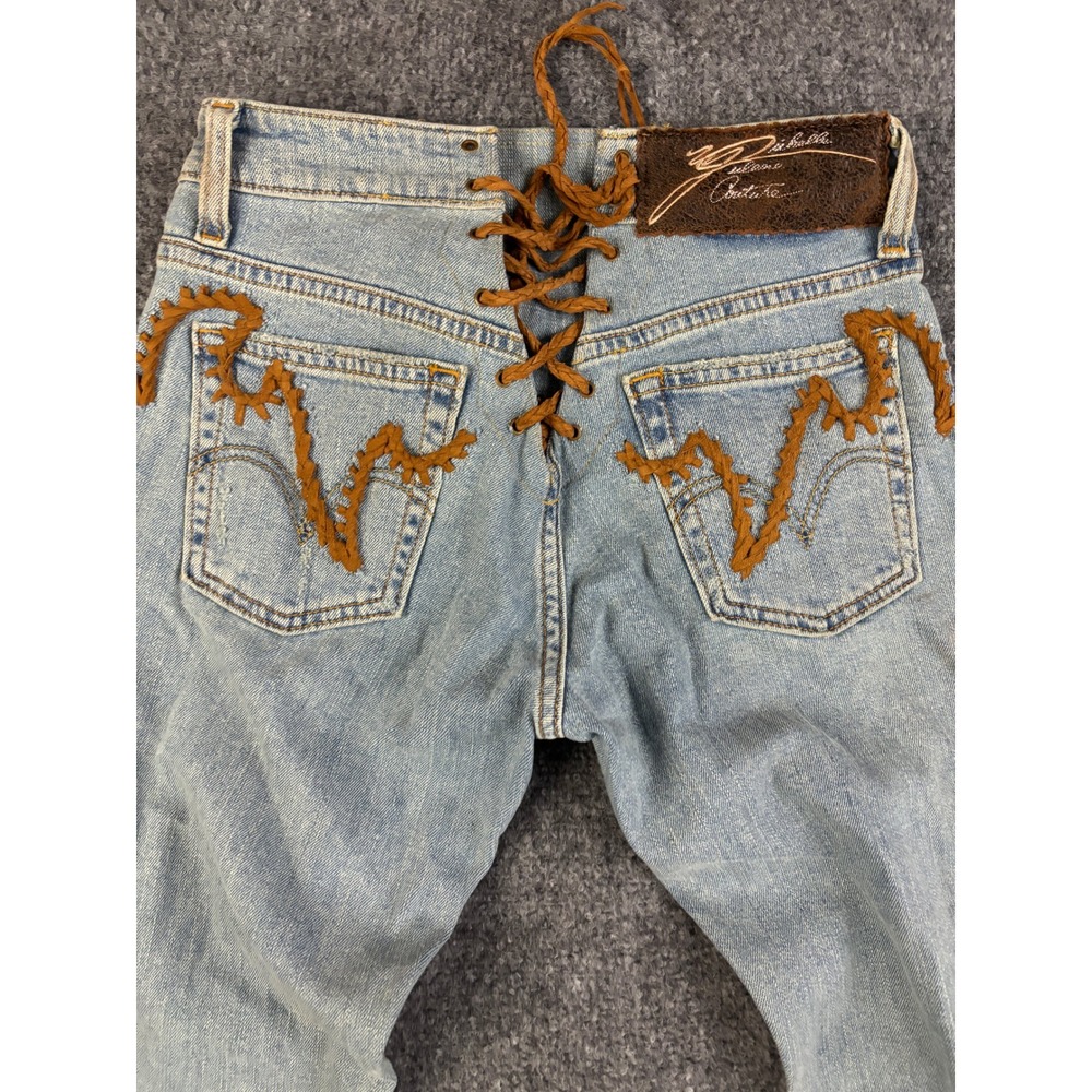 Michelle Julene Couture Levi's Upcycled Jeans Leather Fringe Lace Up OOAK - Picture 4 of 15